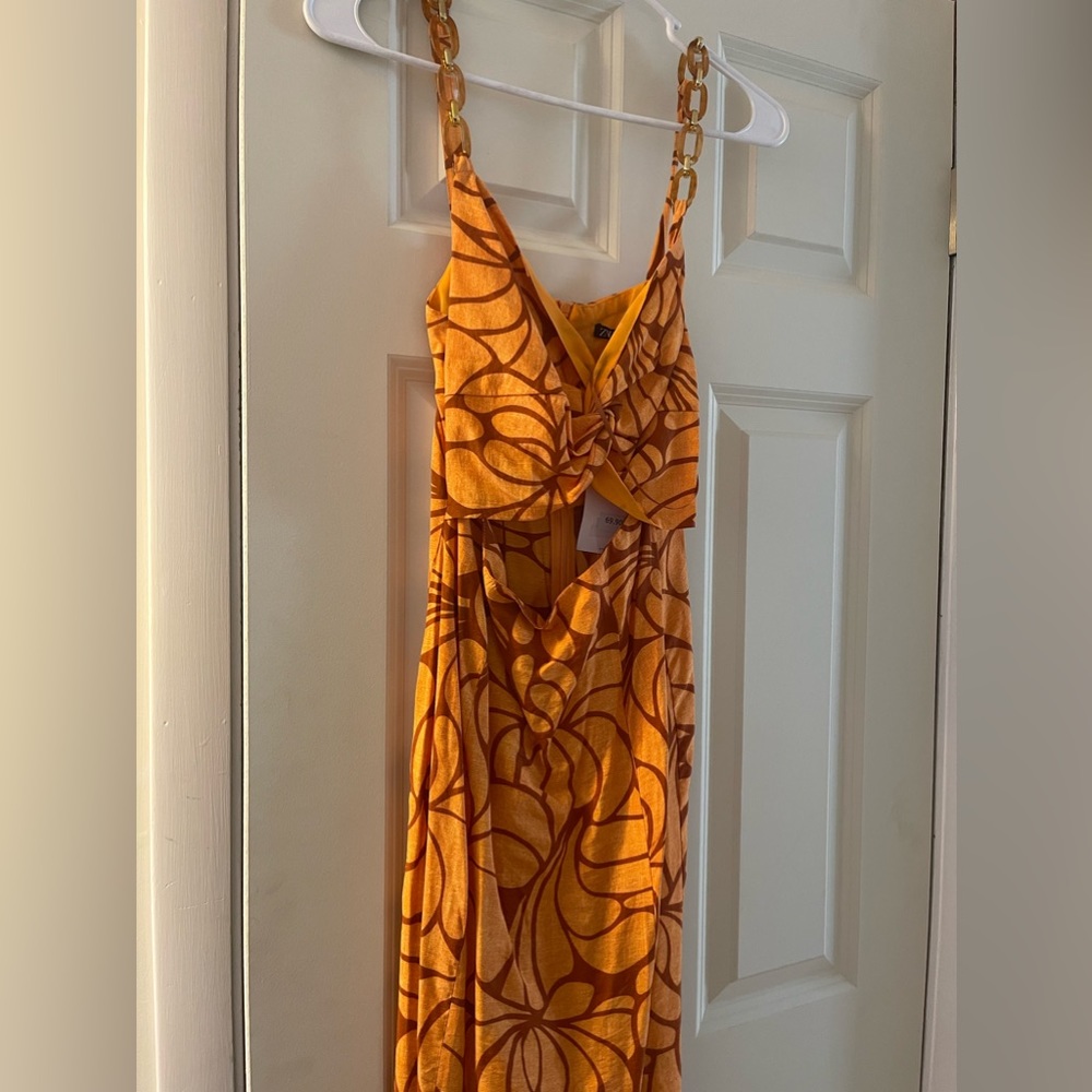Zara orange dress with cutout and gold and brown chain straps